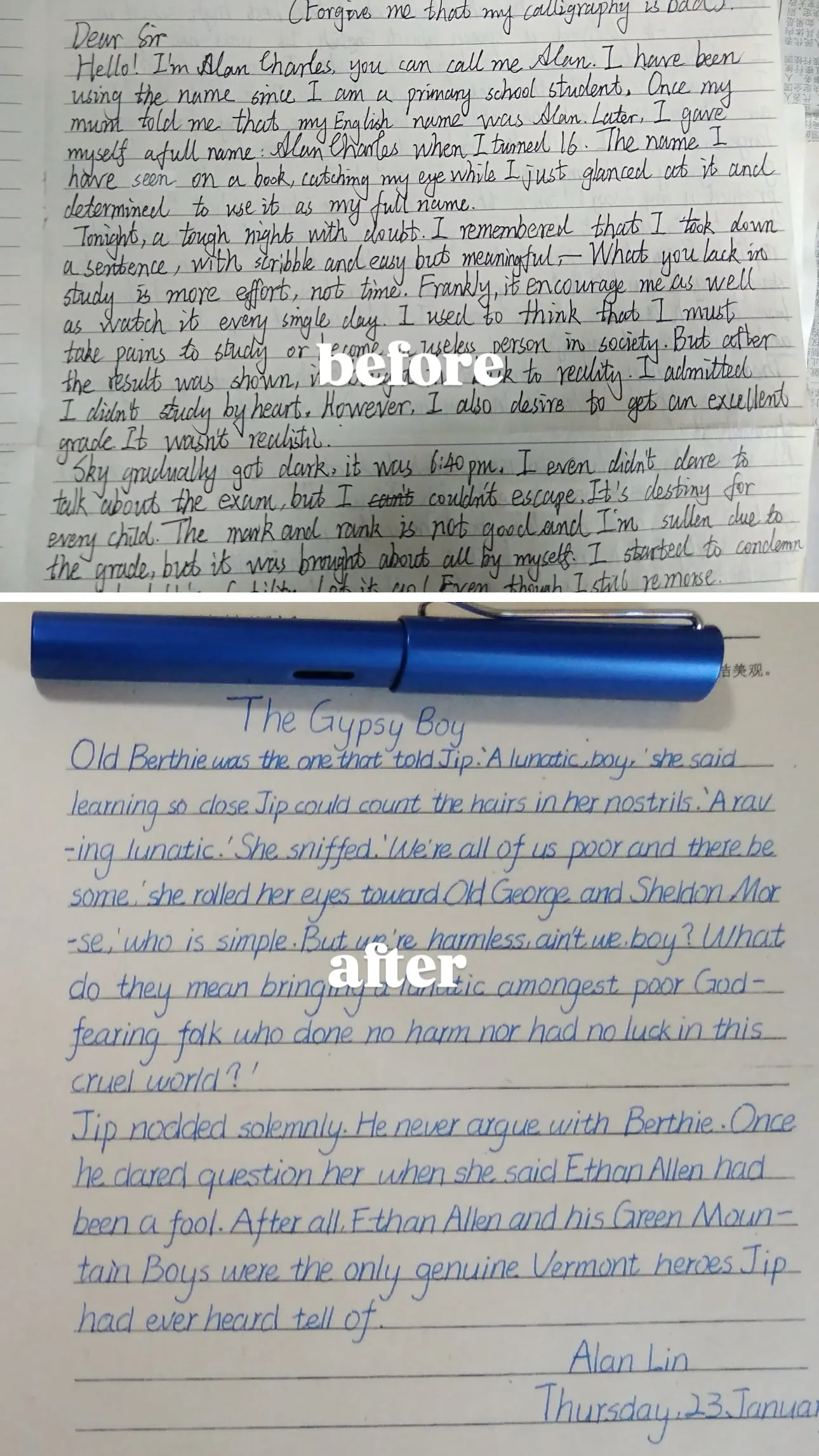 Two handwritten English pages, labelled before and after, showing much neater cursive in the second