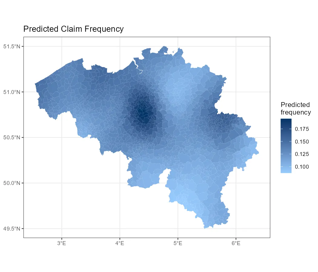 Map of Belgium showing predicted claim frequency by postal code from the spatial GAM
